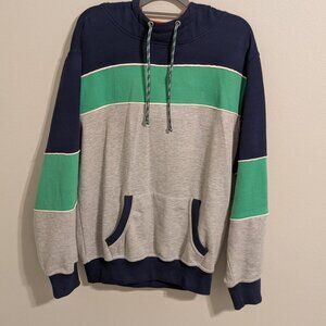 Navy and green striped hoodie with orange lining
